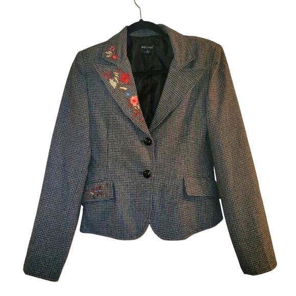 Vintage 90s Womens Floral Embroidered Houndstooth Blazer Size M Wet Seal - Picture 1 of 9
